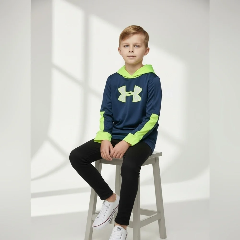 Under Armour play Dark Blue and Neon Yellow Green Hoodie Boys 6 long sleeve logo